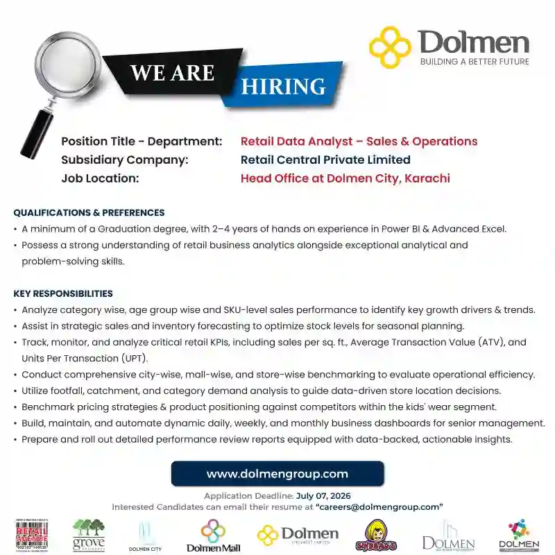 Dolmen Group Invites Retail Data Analyst Sales & Operations Jobs 2026 In Karachi