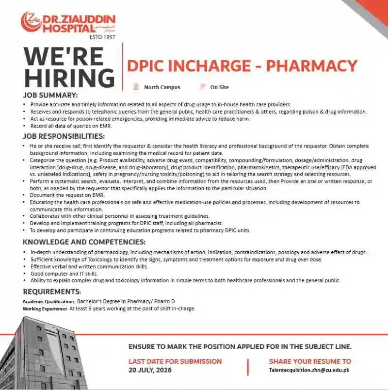 Dr. Ziauddin Hospital Invites DPIC Incharge Pharmacy Jobs 2026 In Karachi