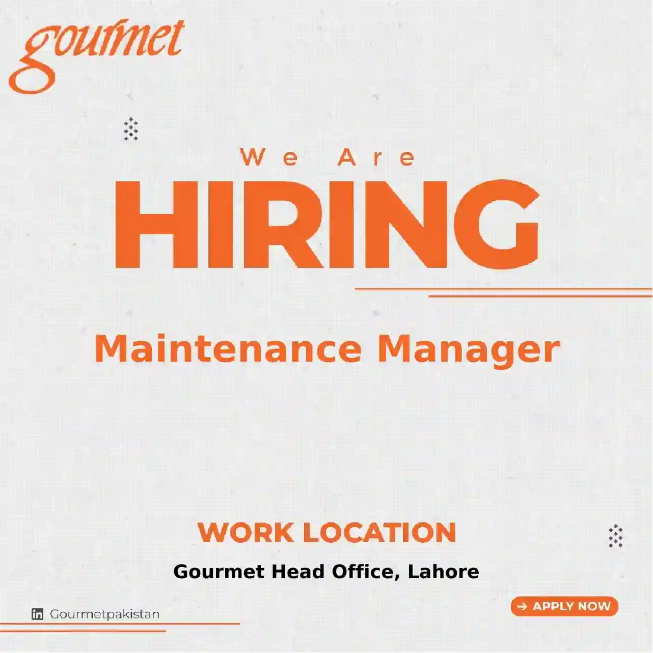 Gourmet Pakistan Invites Maintenance Manager Jobs 2026 In Lahore