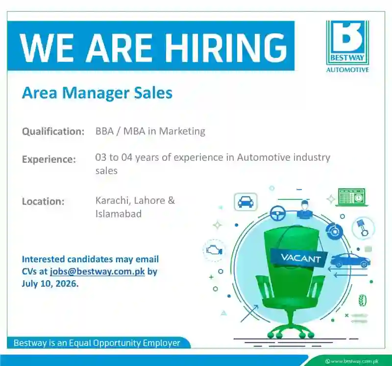 Bestway Automotive Invites Area Manager Sales Jobs 2026 In Karachi, Lahore & Islamabad