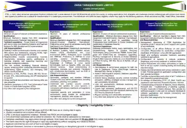 ZTBL Is Hiring Product Manager & Support Engineer Jobs 2026 In Islamabad