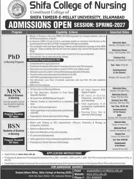 Shifa College of Nursing Opens Admission 2026 for BS Programs