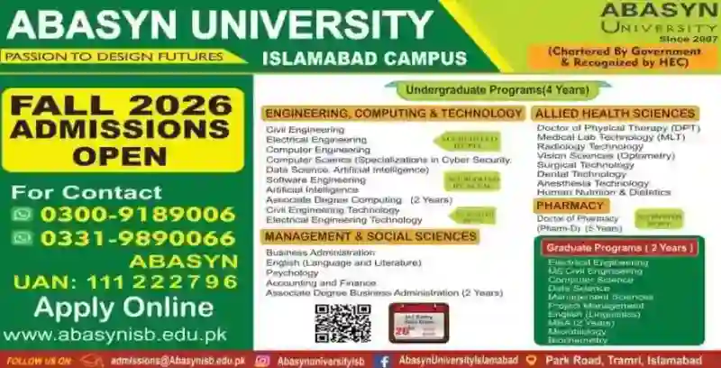 Abasyn University Islamabad Opens Admission 2026 For Undergraduate Programs