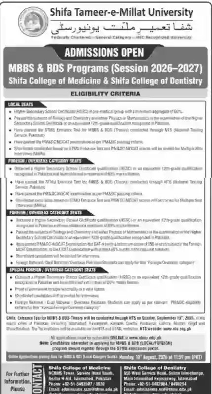 Shifa Tameer-e-Millat University Announced Admission 2026 MBBS & BDS Programs