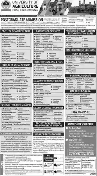 University of Agriculture, Faisalabad Announced Admission 2026 For Postgraduate