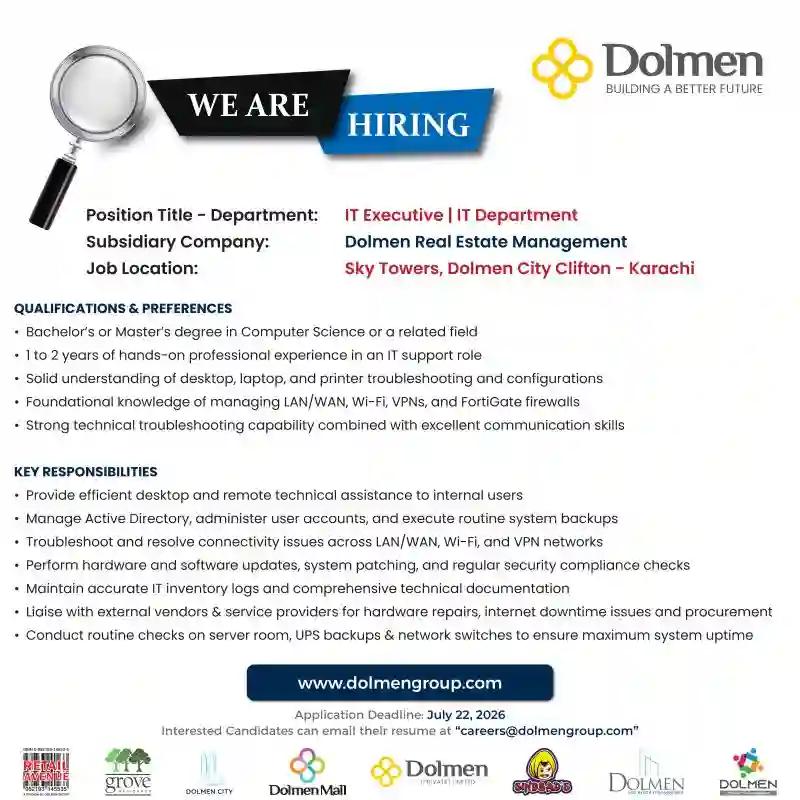 Dolmen Group Seeks IT Executive Jobs 2026 In Karachi