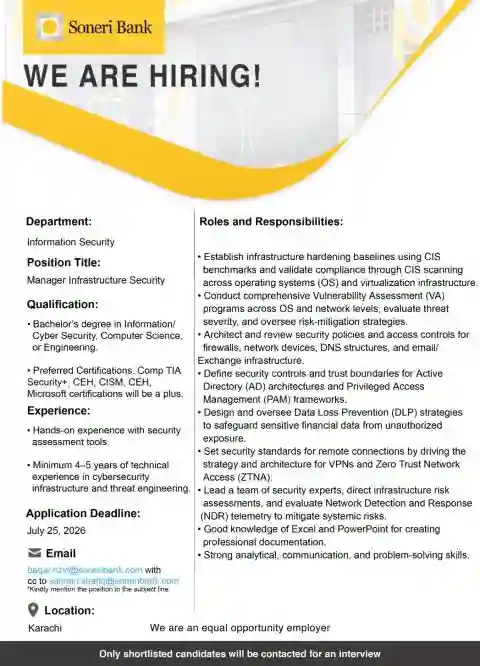 Soneri Bank Seeks Manager Infrastructure Security Jobs 2026 In Karachi
