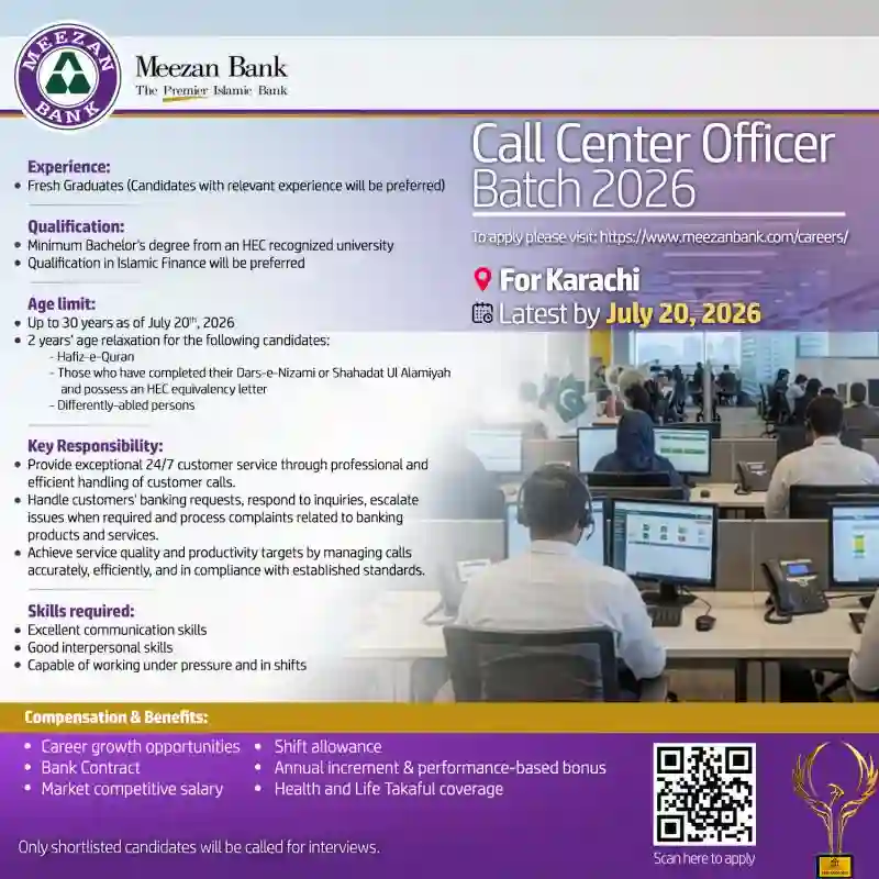 Meezan Bank Seeks Call Center Officer Jobs 2026 In Karachi