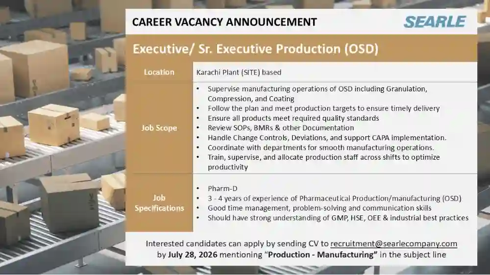 The SEARLE Company Ltd Seeks Executive / Sr. Executive Production Job 2026