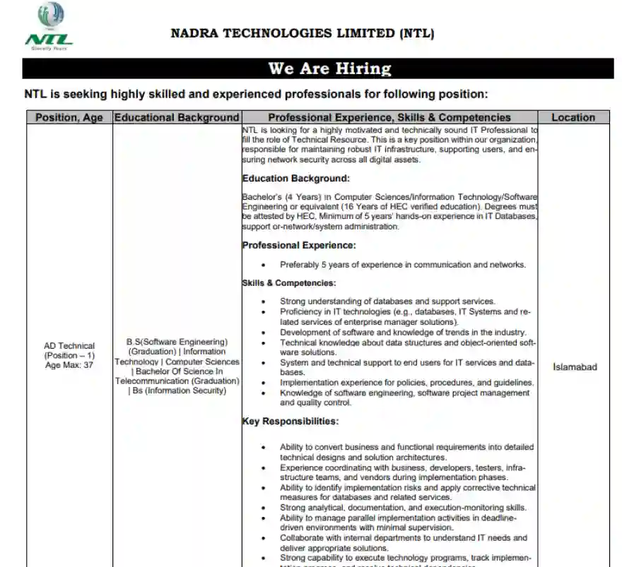NADRA Technologies Limited Islamabad Recruitment for AD Technical Jobs 2026