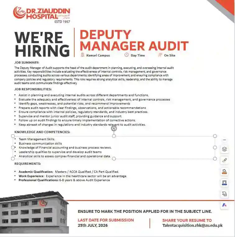 Dr. Ziauddin Hospital Offers Deputy Manager Audit Job 2026 In Karachi