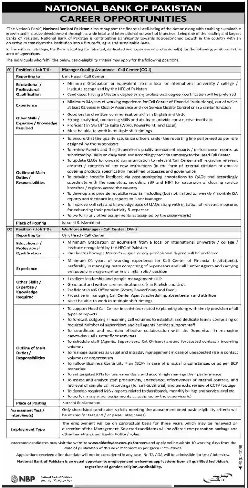 NBP Seeks Manager Quality Assurance & Workforce Manager Jobs In Karachi