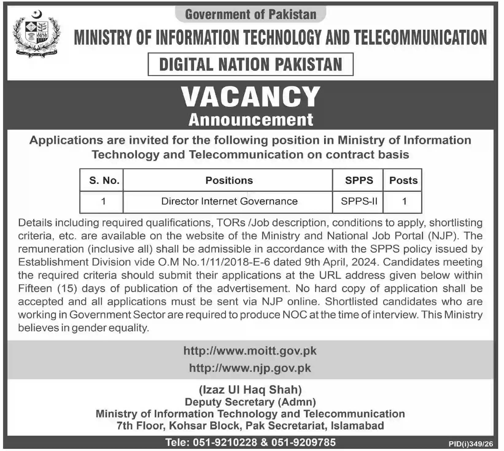 MoITT Offers Jobs of Director Internet Governance in Islamabad