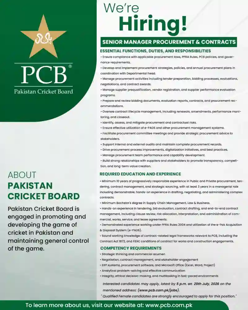 PCB Job for Senior Manager Procurement & Contracts In Lahore