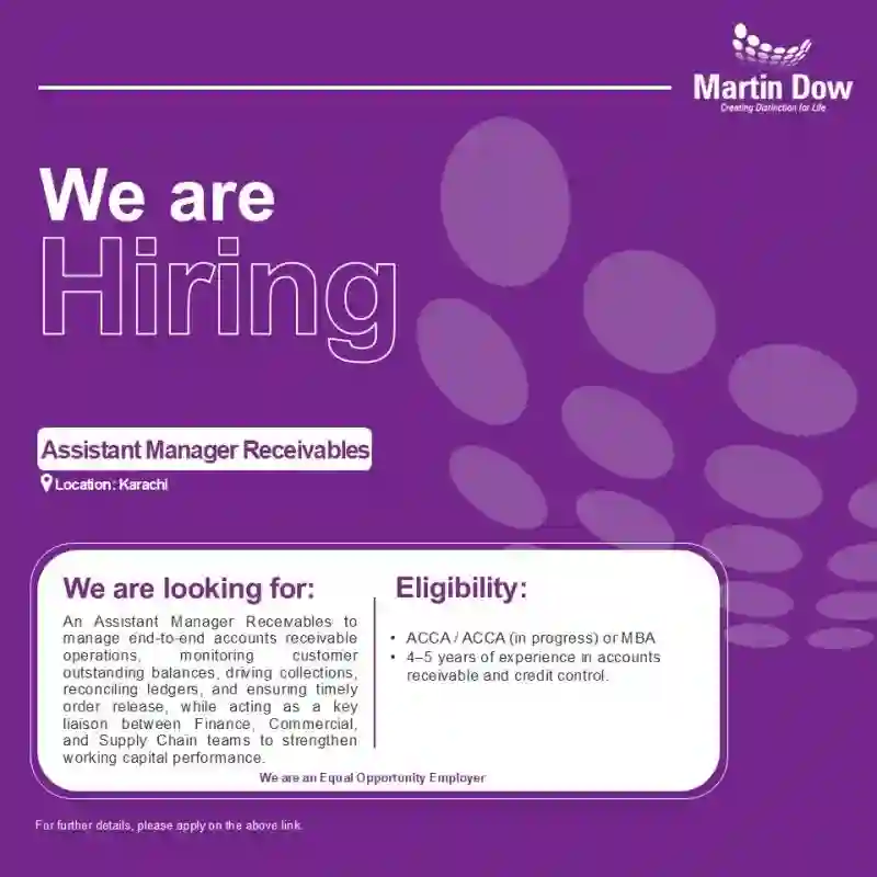 Martin Dow Marker Ltd offers Assistant Manager Receivables job in Karachi