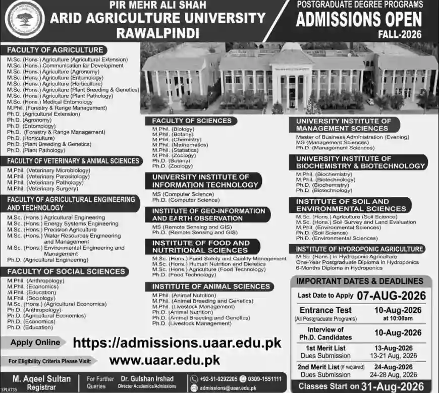 PMAS Arid Agriculture University Opens Admission 2026 For MS, MPhil Programs