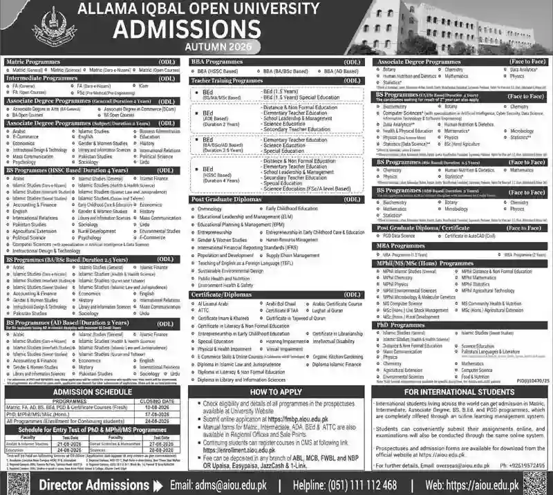 AIOU Opens Autumn 2026 Admission For BS Programs & Distance Learning