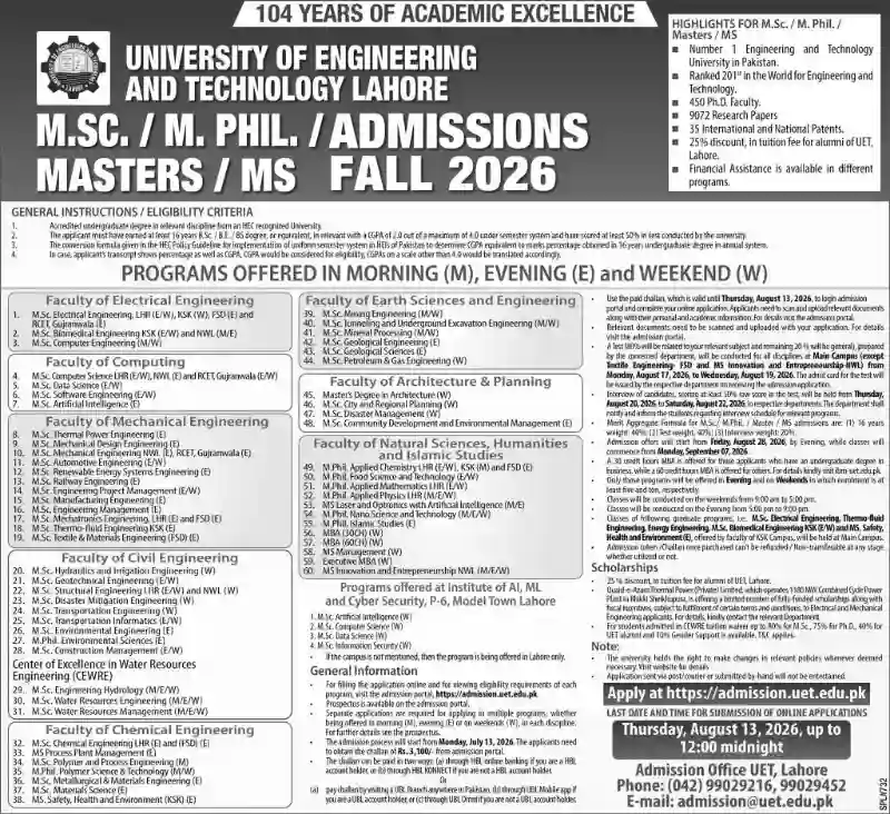 UET Lahore Opens Admission 2026 For Postgraduate Programs