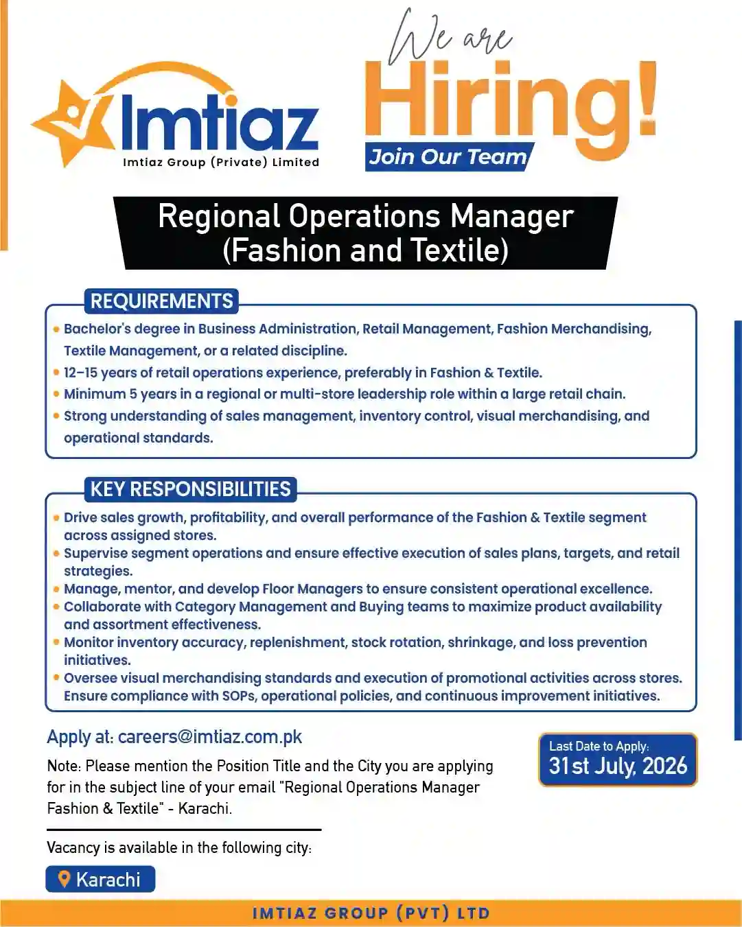Imtiaz Group Advertised Regional Operations Manager Fashion & Textile Job In Karachi