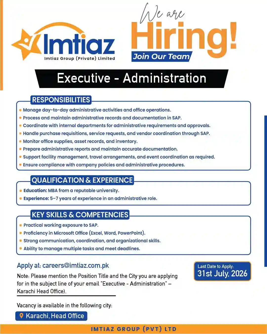 Imtiaz Offers Jobs For Executive Administration 2026 In Karachi