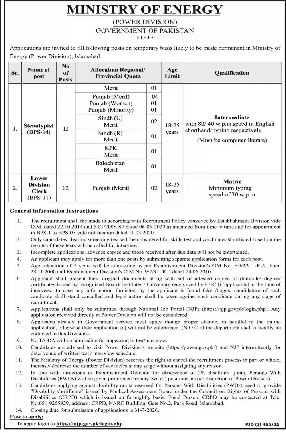 Ministry of Energy Invites Stenotypist & LDC Jobs 2026 In Islamabad