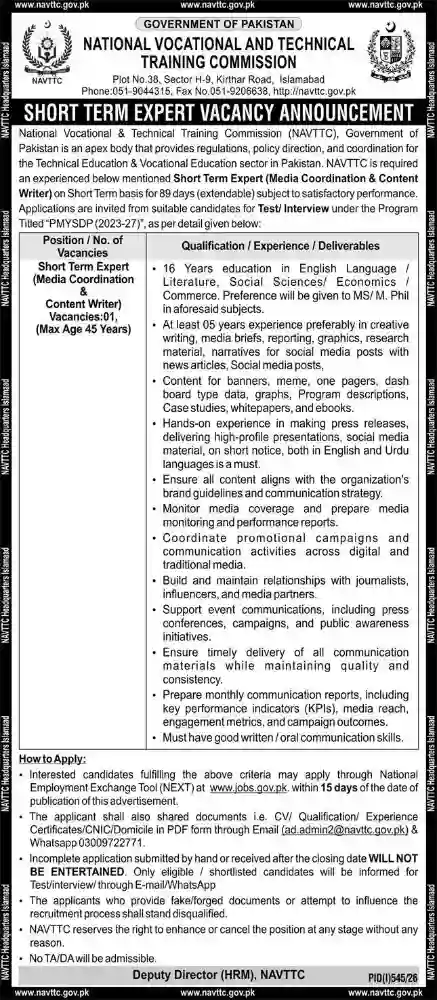 NAVTTC Recruitment Short Term Expert Media Coordination & Content Writer Jobs 2026 In Islamabad
