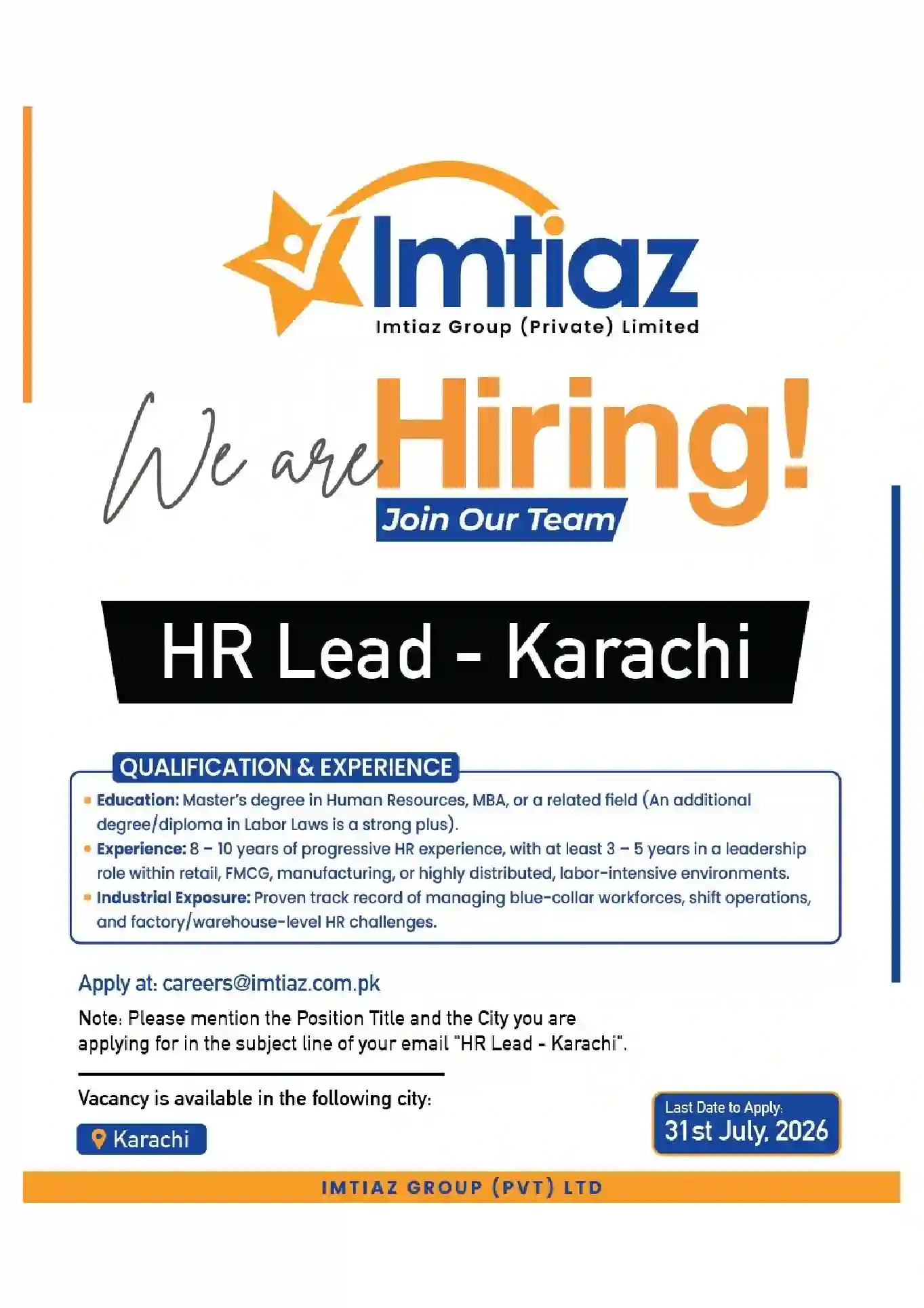 Imtiaz Group Hiring HR Lead job 2026 in Karachi