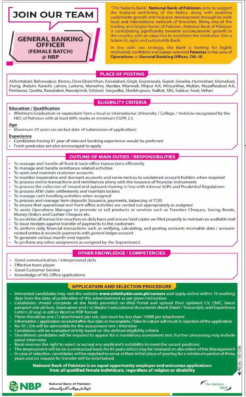 NBP General Banking Officer Female Batch Jobs 2026 Nationwide