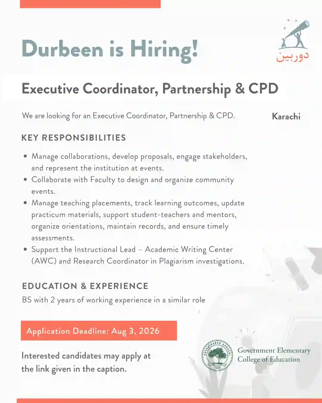 Durbeen Invites Executive Coordinator Partnership & CPD Jobs 2026 In Karachi
