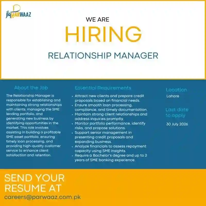 Parwaaz Financial Services Ltd Invites Relationship Manager SME Job In Lahore
