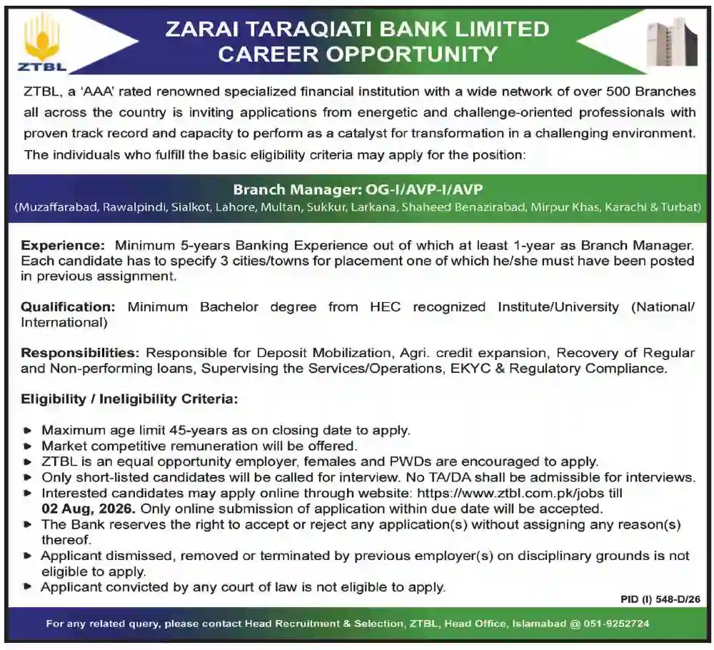 ZTBL Invites Branch Manager Jobs 2026 at Multiple Cities | Apply Online
