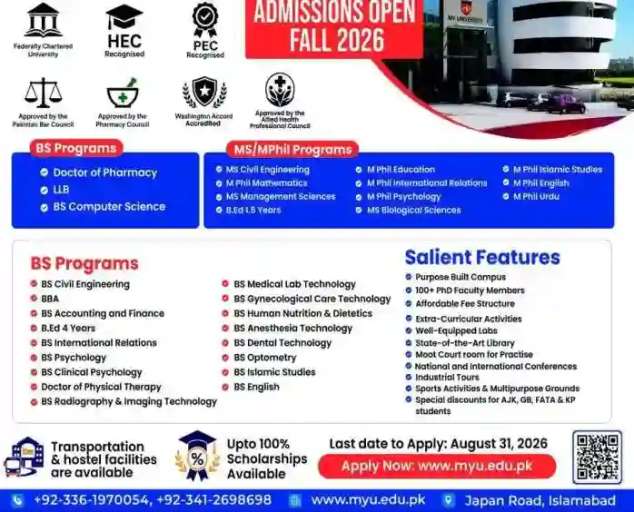 MY University Islamabad announced admission 2026 for undergraduate programs