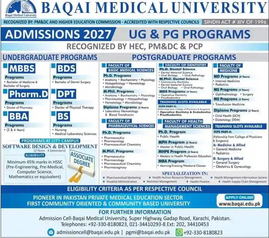Baqai Medical University Admission 2026 – MBBS BDS PharmD DPT