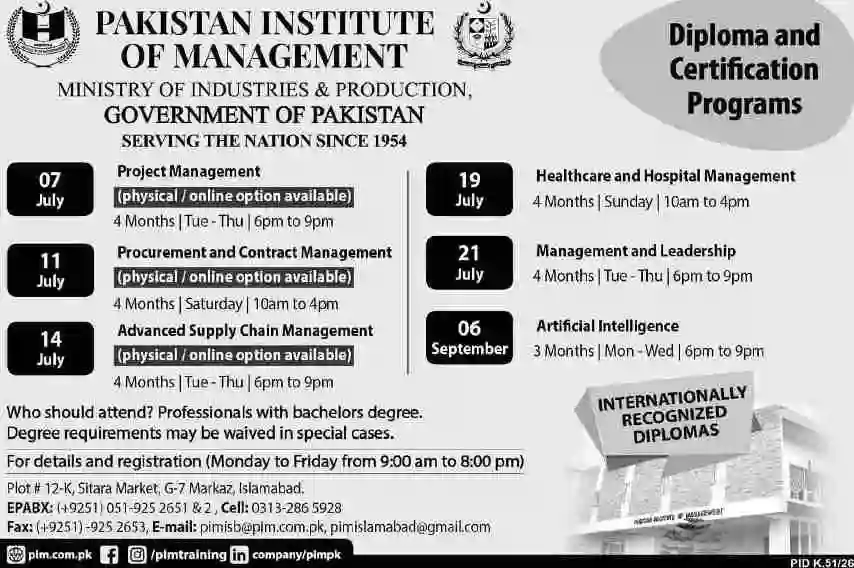 PIM Islamabad PG Diploma & Certificate Admission 2026 – Apply by Sep 6