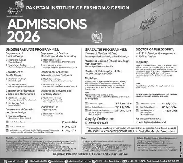 PIFD Lahore Opens Admission 2026 For PhD Programs