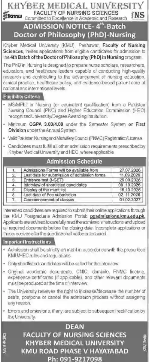KMU Peshawar Opens Admission 2026 For PhD Nursing Programs