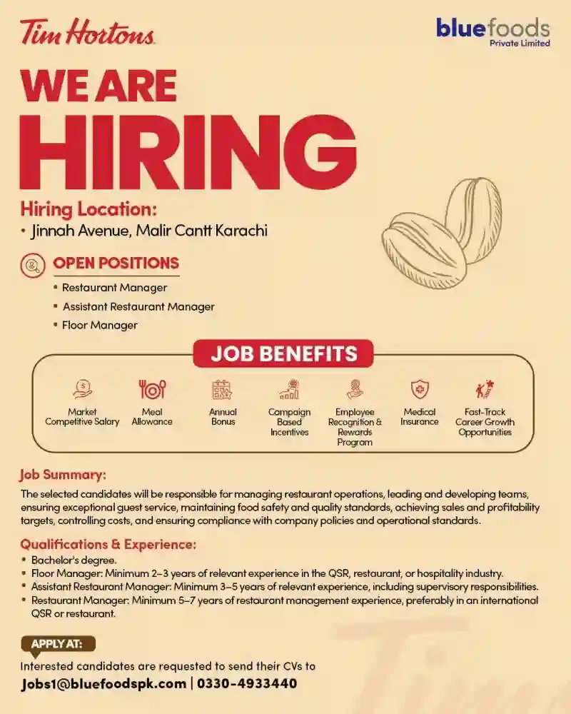 Tim Hortons Pakistan invites Restaurant Manager and Assistant Manager jobs in Karachi
