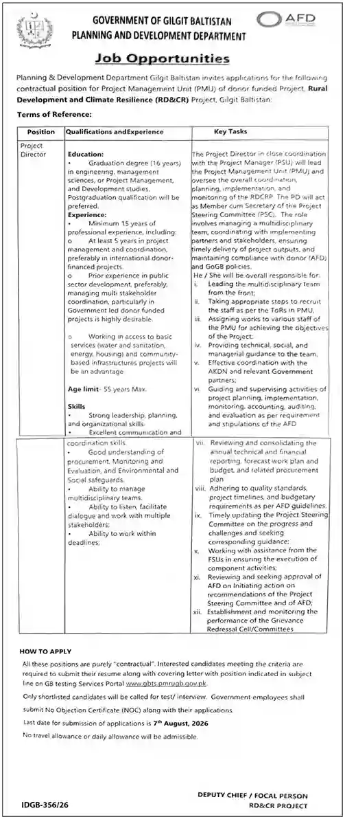 Planning & Development Department GB invites Project Director job in Gilgit