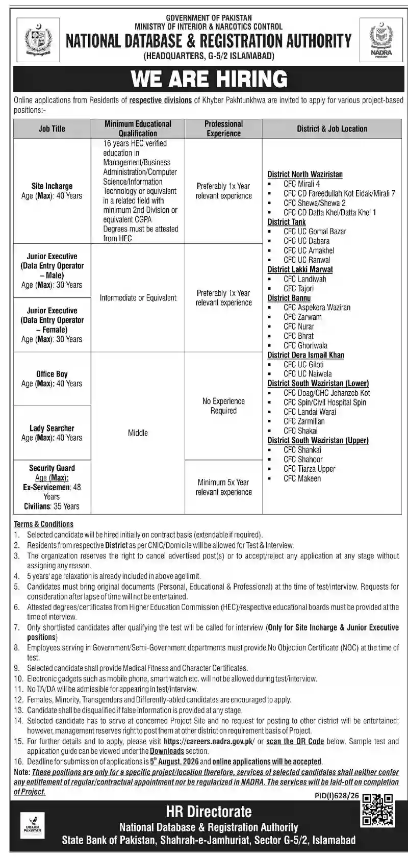NADRA invites Jr Executive, Site Incharge and Security Guard jobs in KPK