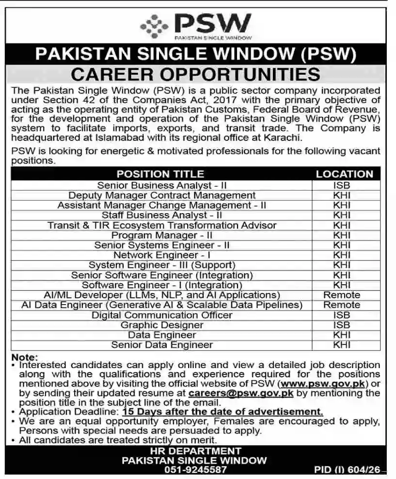 Pakistan Single Window invites Business Analyst and Engineering jobs in islamabad and karachi