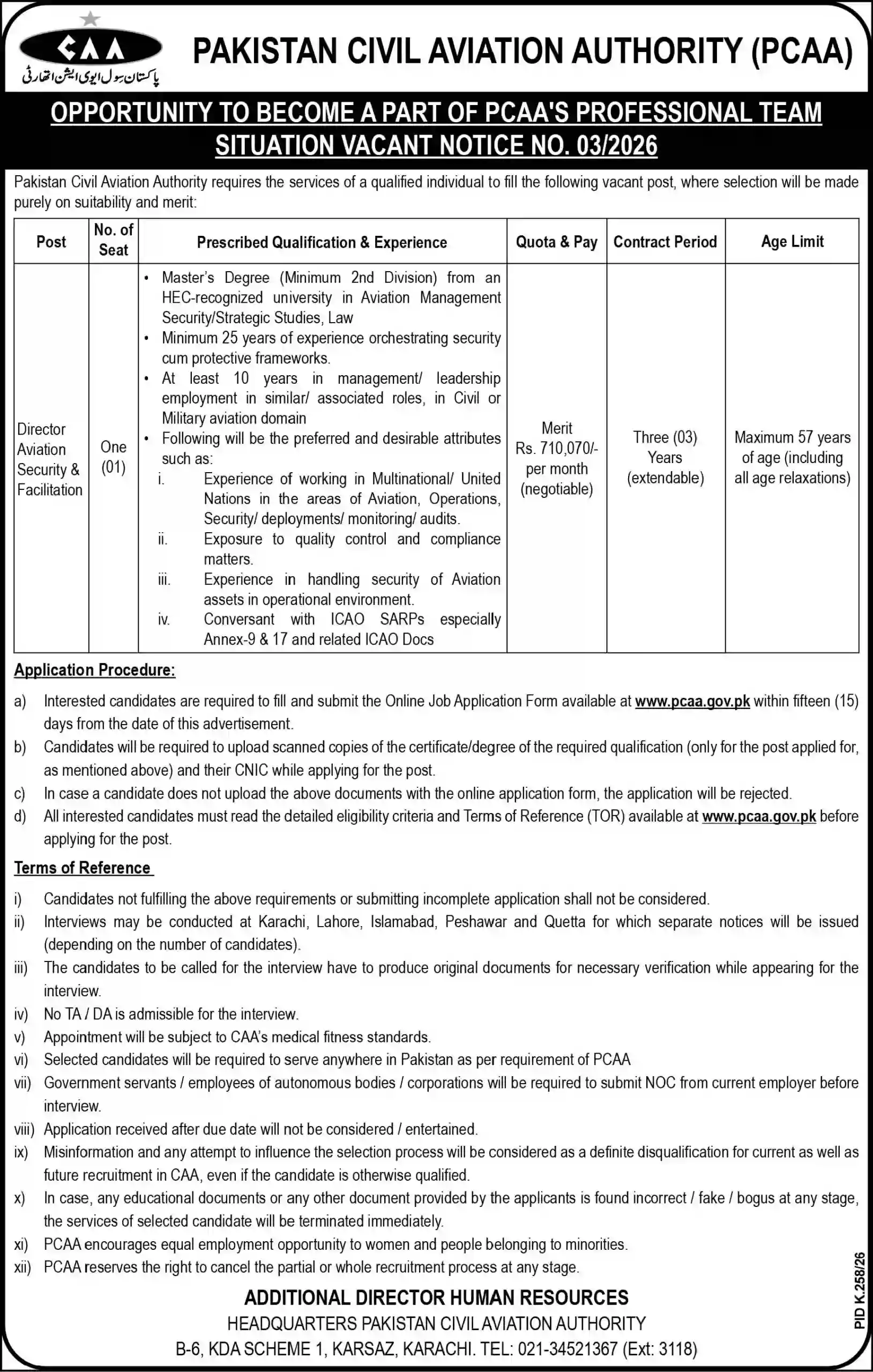 PCAA Invites Director Aviation Security & Facilitation Job in Karachi