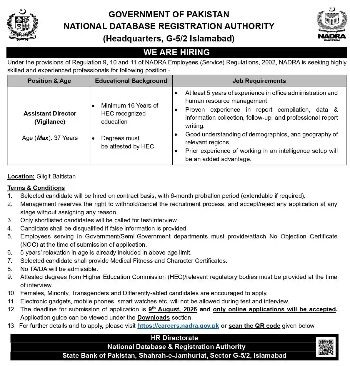 NADRA invites Assistant Director position 2026 in Gilgit Baltistan Apply online