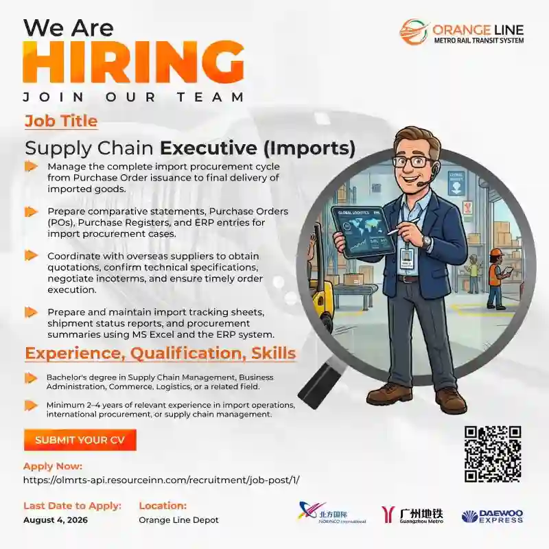 Orange Line Metro Rail Transit System Lahore is recruiting Supply Chain Executive Jobs
