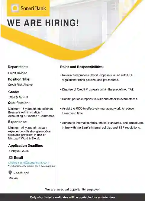 Soneri Bank Limited Is Hiring Risk Analyst Jobs 2026 In Multan