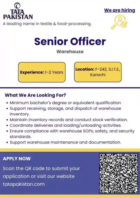 TATA Pakistan Is Hiring Senior Officer Warehouse Jobs 2026
