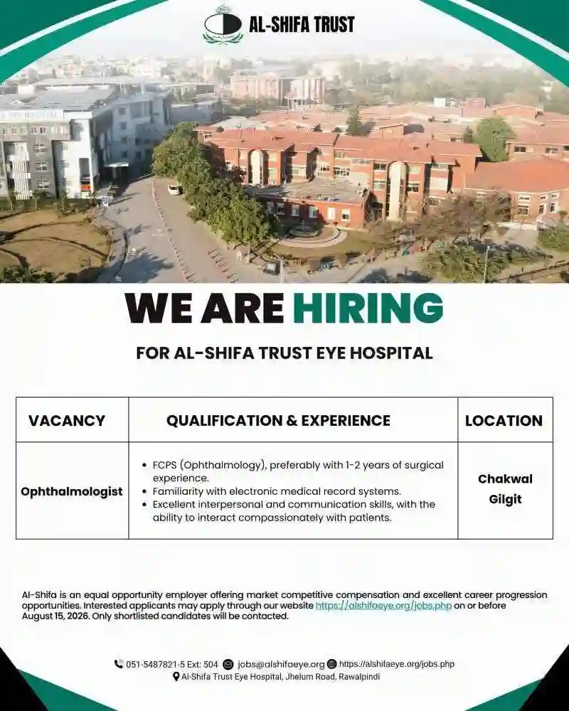 Al-Shifa Trust Eye Hospital Is Looking Ophthalmologist Jobs In Chakwal & Gilgit