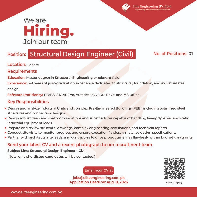 Structural Design Engineer Jobs 2026 Lahore – Elite Engineering