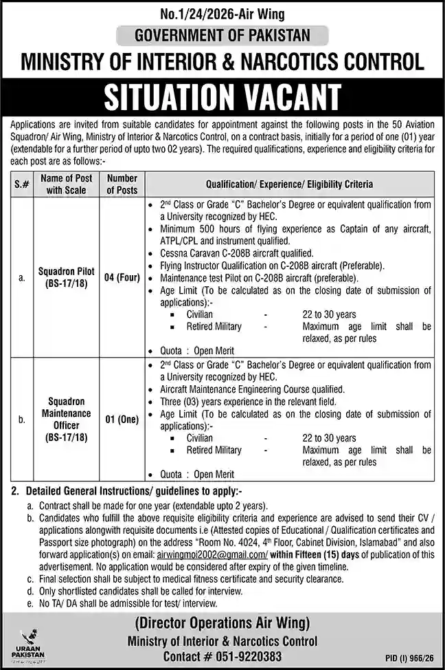 Ministry of Interior Jobs 2026 Islamabad Apply Online for Squadron Pilot & Maintenance Officer