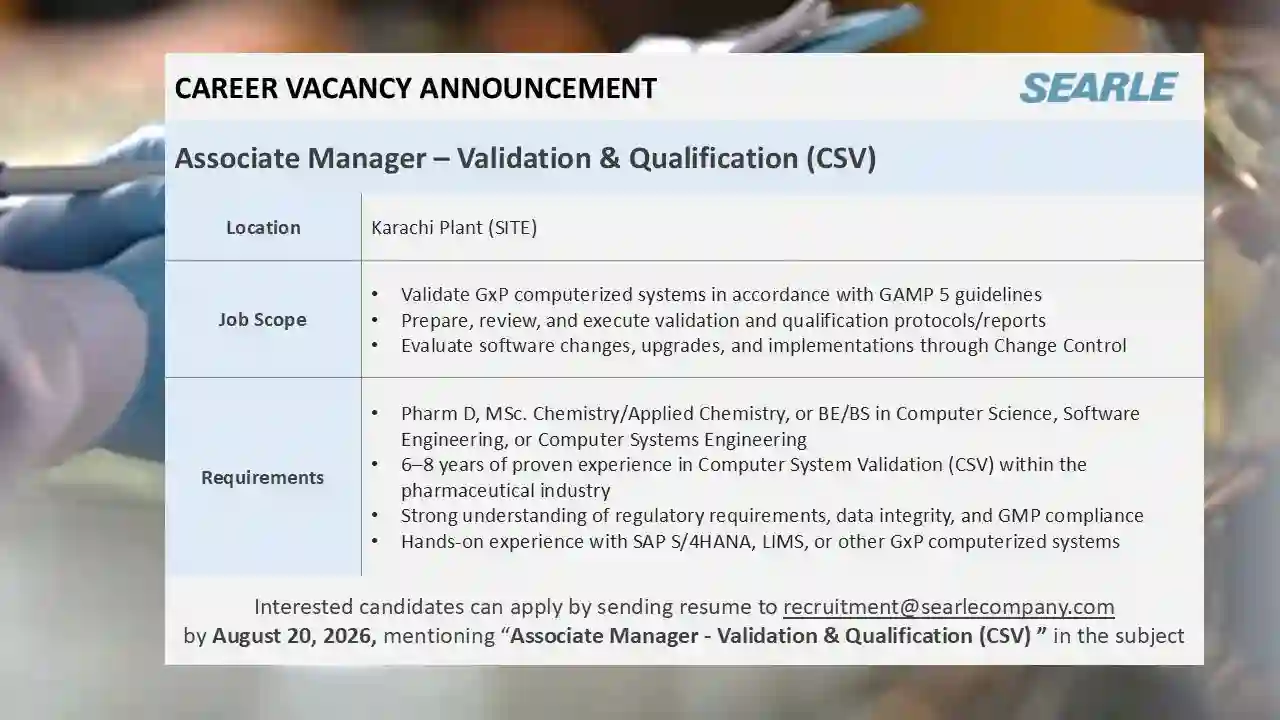 Searle Jobs 2026 Karachi Apply Online for Associate Manager Validation & Qualification