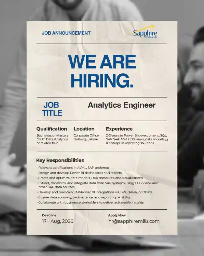 Sapphire Jobs 2026 Lahore Apply Online for Analytics Engineer at Sapphire Finishing Mills